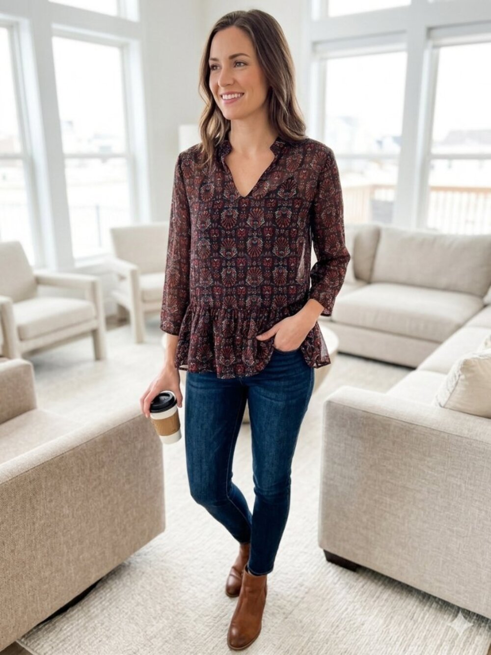 Kut from the Kloth Blouse Small Brown Damask Paisley Print Chiffon Ruffle Boho